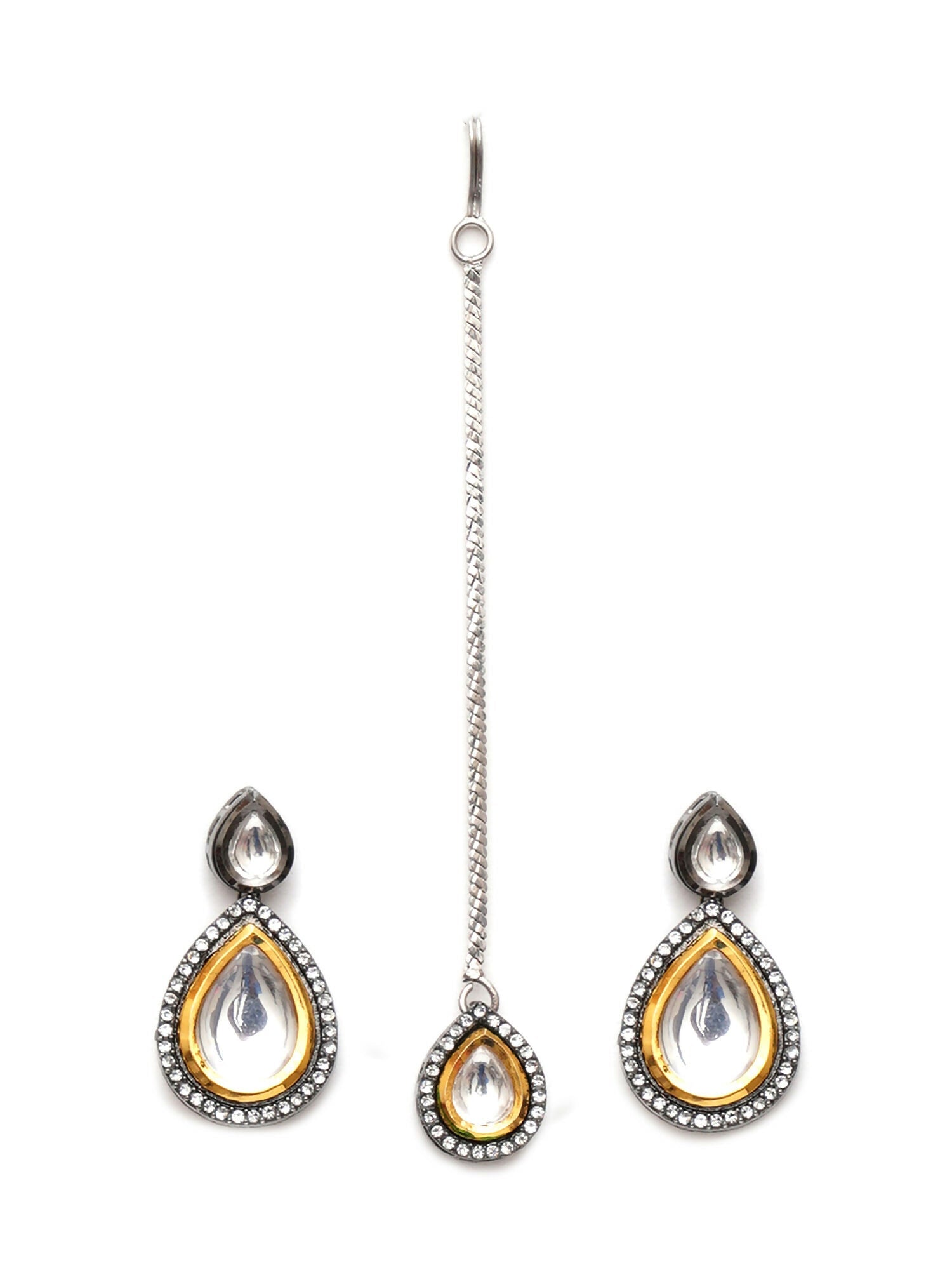 Tear Drop Dual Tone Kundan Maang Tikka with Earrings Jewellery Set (silver) - Ruby Raang - Grab2buy
