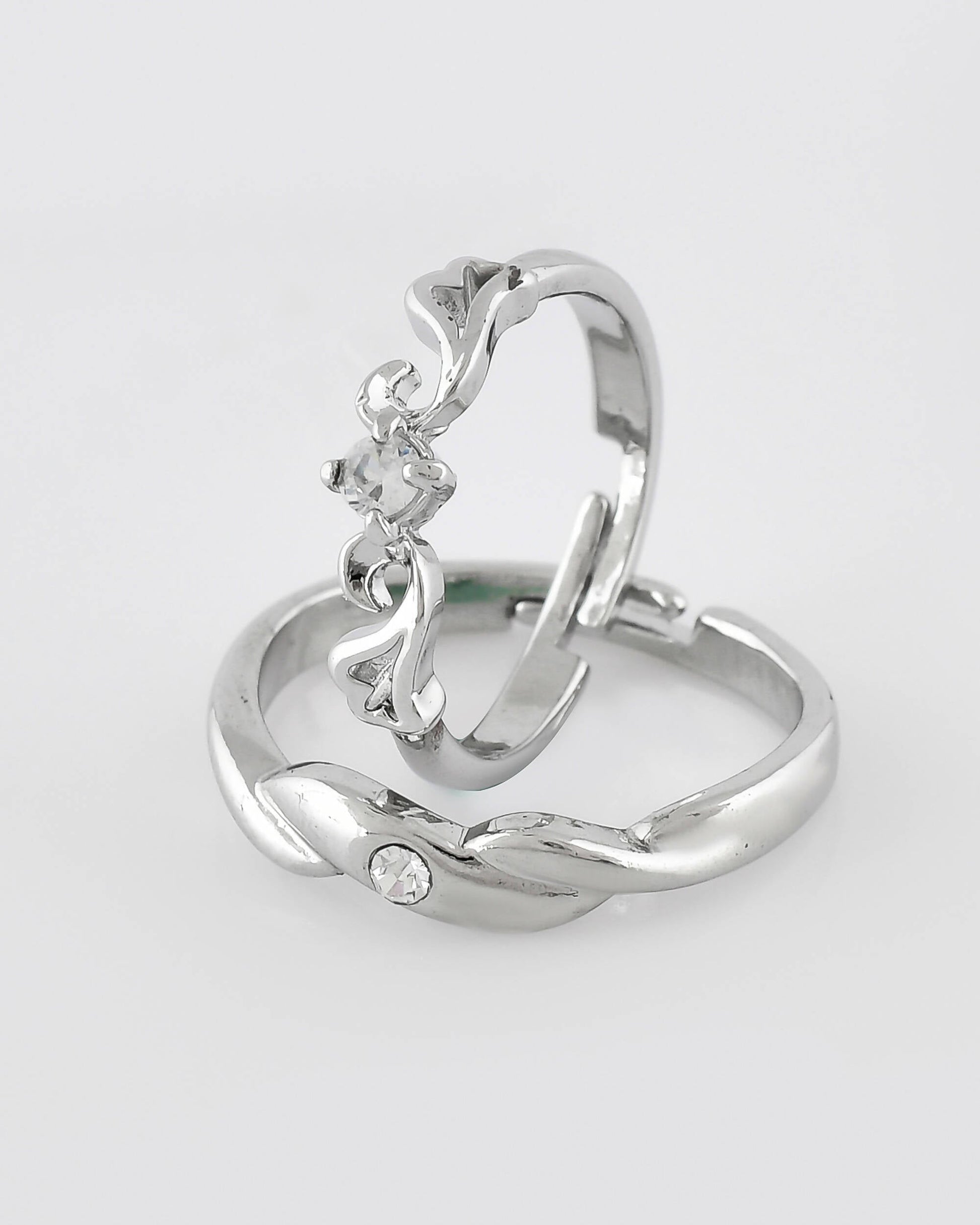 VOJ Stainless Steel Cubic Zirconia Silver Plated Adjustable Ring Set for Couple 