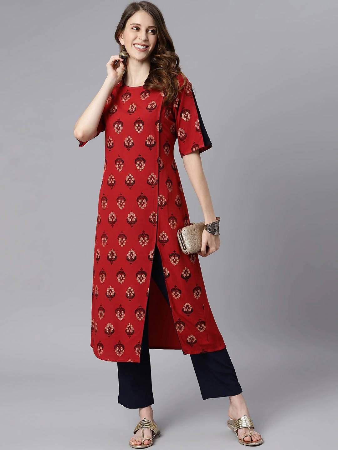 Janasya Women Maroon & Navy Blue Ethnic Motifs Printed Kurta with Trousers