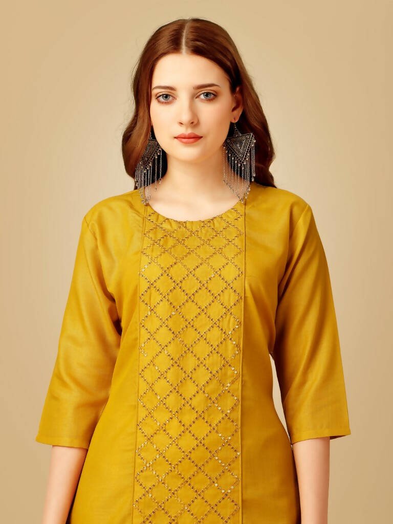 Aastha Fashion Women's Yellow Cotton Blend Embroidered Kurta Pant Set - Grab2buy