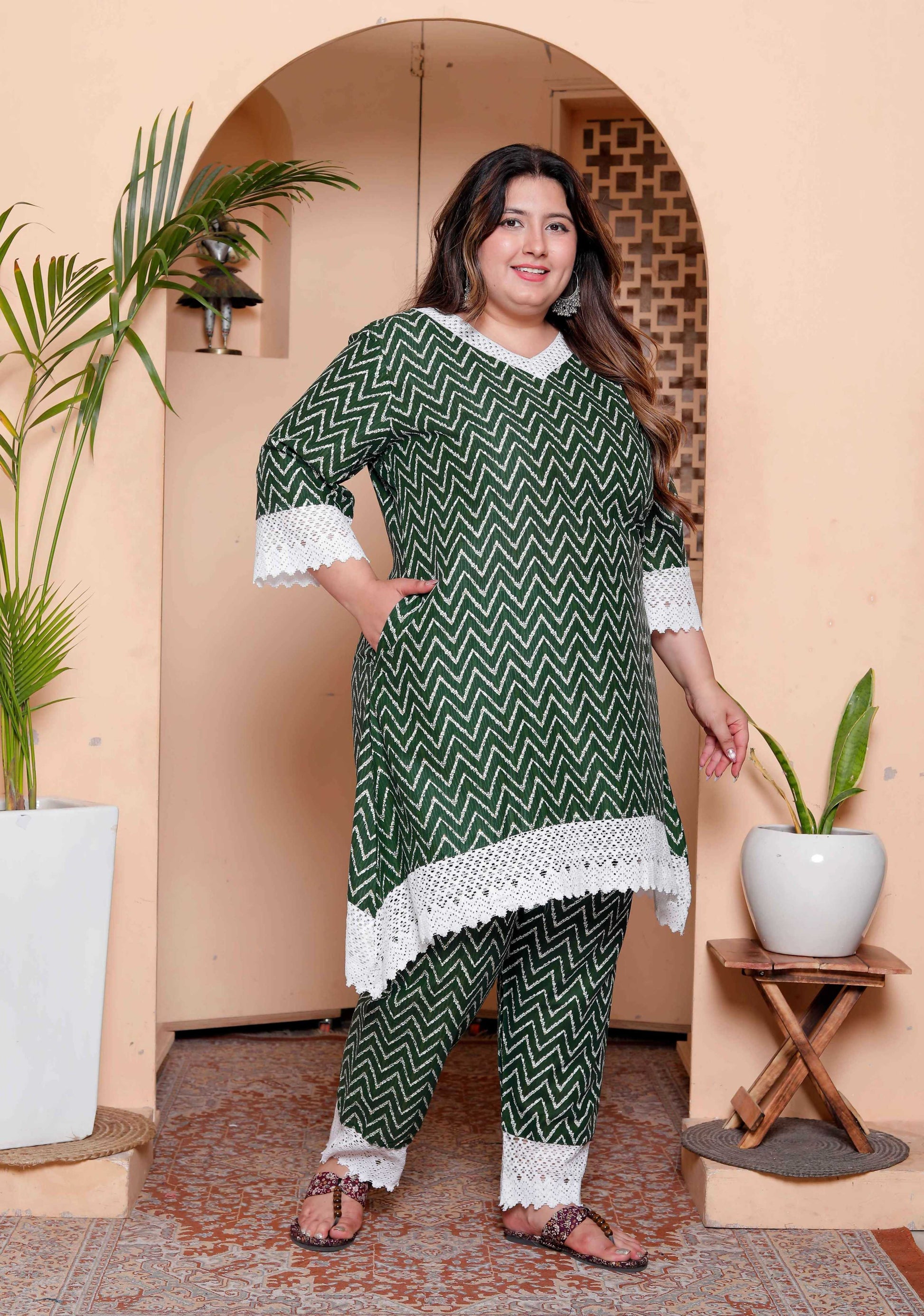 Miravan Womens Plus Size Green Rayon Zigzag Print Kurta with Palazzo set