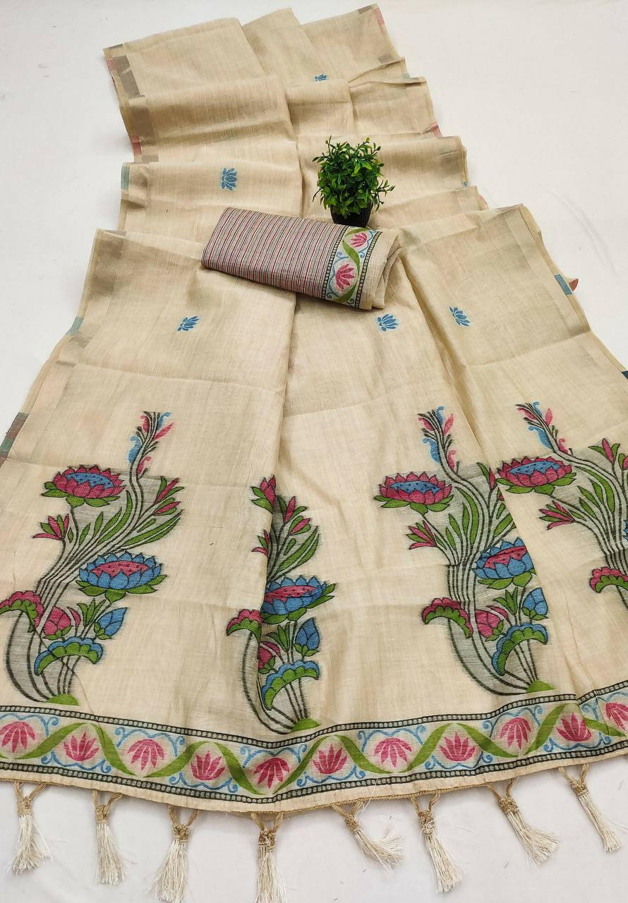 Vastranavya Cream Muga Cotton Meenakari & Azarakh Pallu Grab2Buy with Contrast Blouse  Grab2Buy Vastranavya Grab2Buy