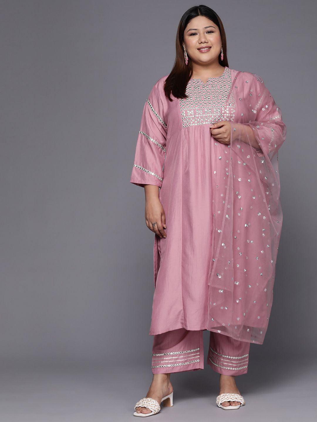 Sztori Plus Size Ethnic Motifs Embroidered Mirror Work Straight Kurta & Trousers & Dupatta