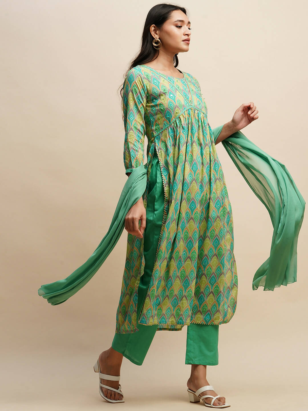 Sea Green Pure Cotton Bandhani Printed Naira Cut Kurta And Bottom With Dupatta - Akashara