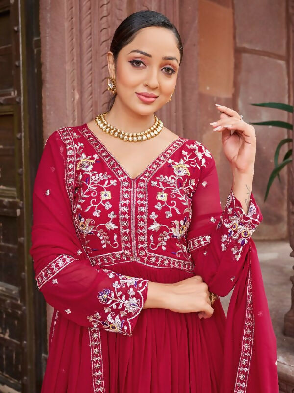 Joban Fashion Red Readymade Kurta Set With Sequence embroidery Work