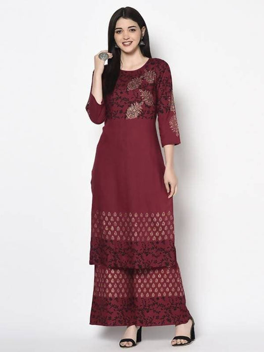 Aniyah Rayon Maroon Color Block Print Straight Kurta (AN-185K) 