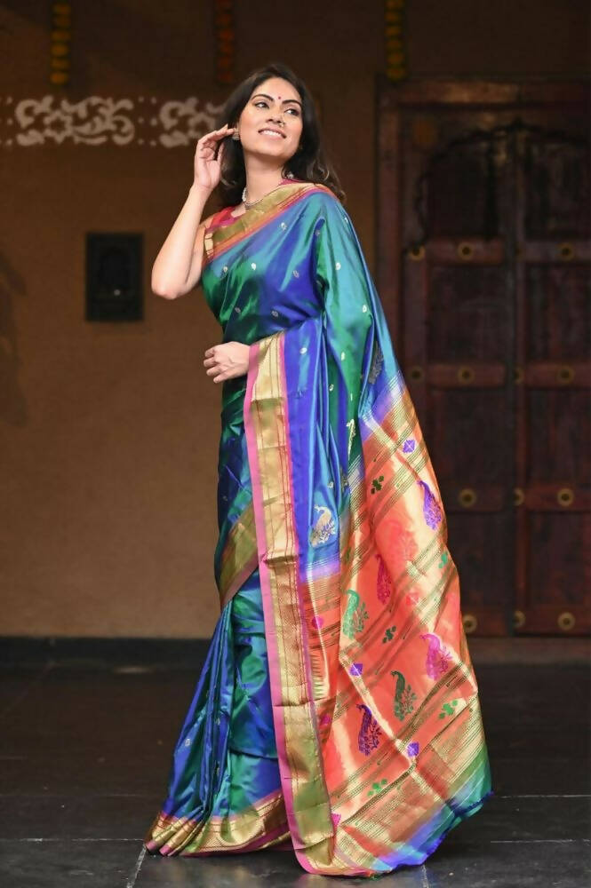 Very Much Indian Authentic Handloom Pure Silk Paithani Dual Tone Bluish Grey Green With Light Purple Border - Grab2buy