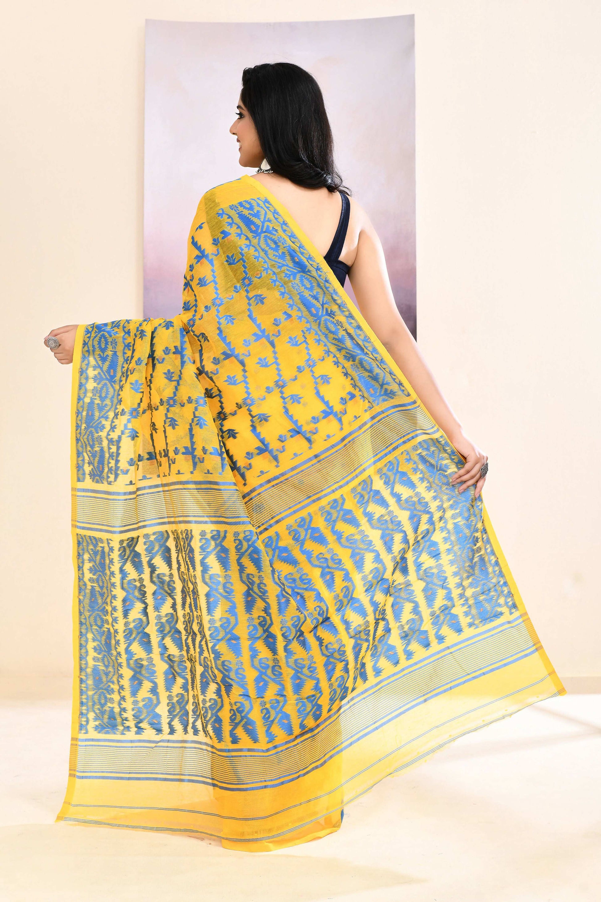 Piyari Fashion Women's Yellow Embellished Cotton Blend Jamdani Saree