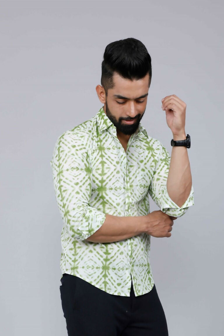 Miravan Men's Premium Green and White Slim Fit Tie Dye Cotton Shirt 