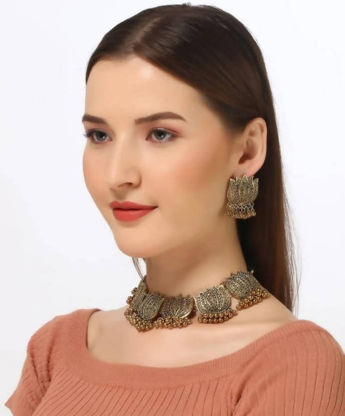 Mominos Fashion Oxidised Lotus Design Golden Color Necklace Choker Set 