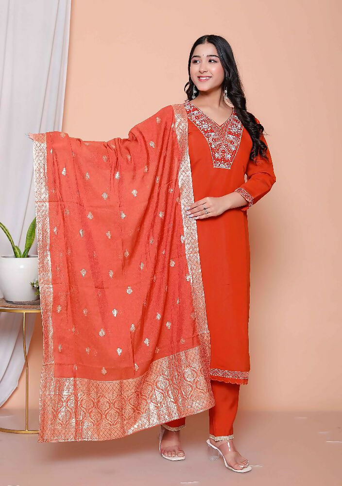 Miravan Womens Orange Embroidered Straight Kurta With Palazzo And Dupatta Set