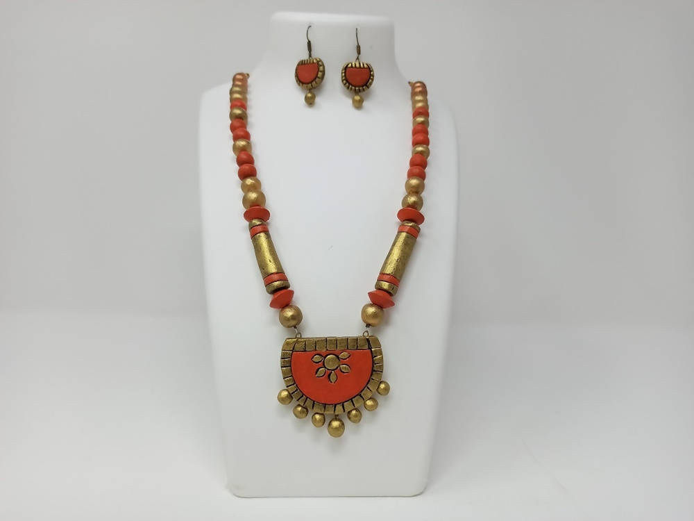 Terracotta Medium Necklace Set With Earrings-Orange And Gold