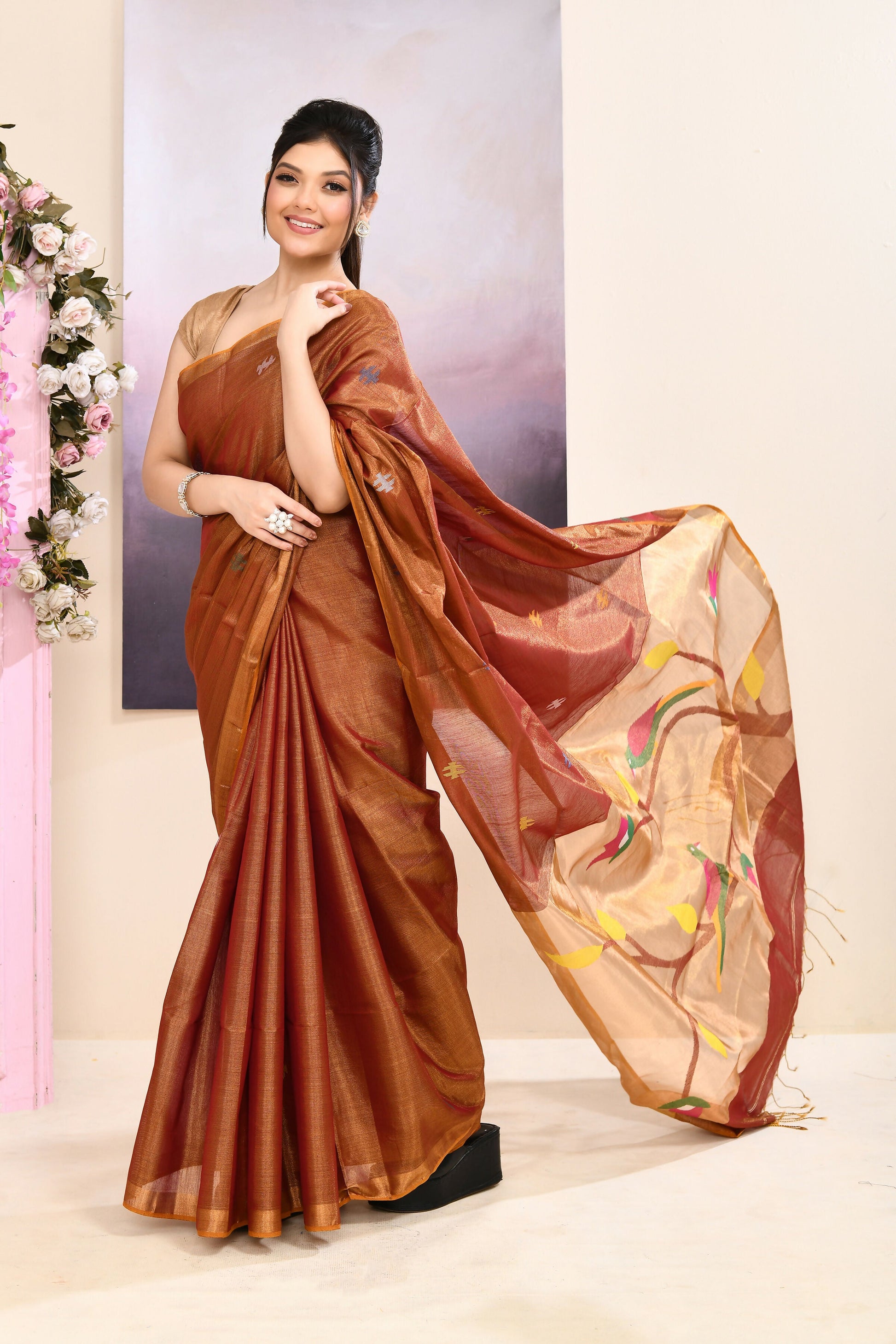 Piyari Fashion Women's Brown Embellished Tissue Jamdani Saree