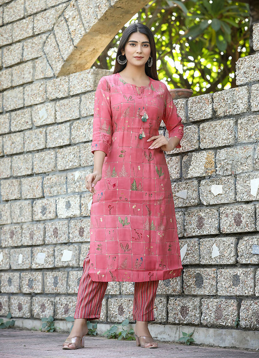 Kaajh Women's Pink Floral Printed Modal Silk Kurta Pant Set