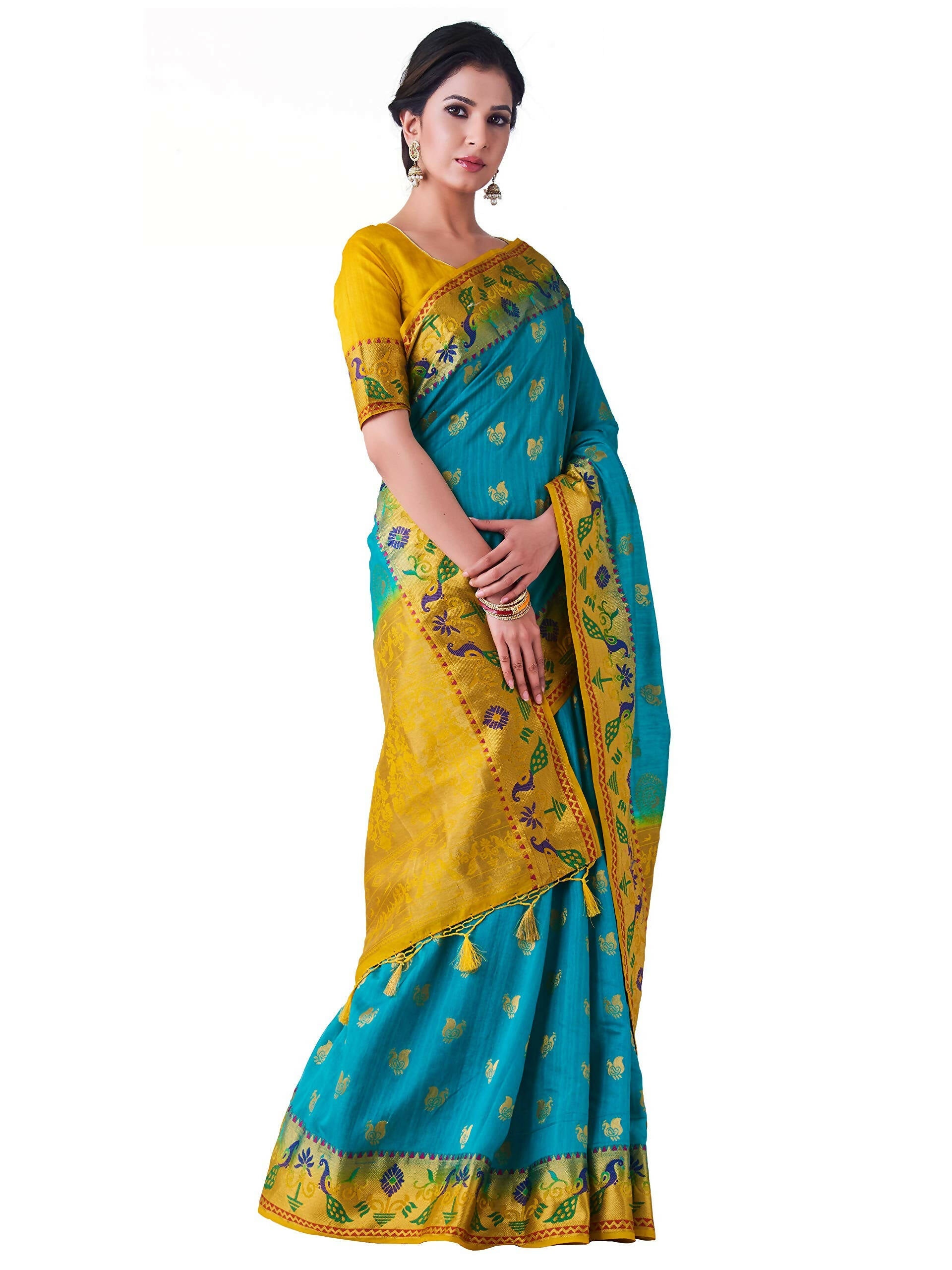 Mimosa Women's Turquoise Kanchipuram Silk Saree