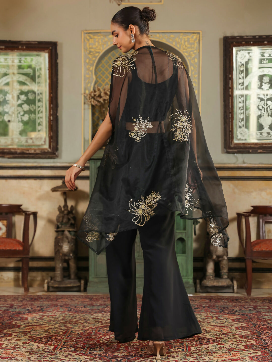 Janasya Black Georgette Solid Top Bottom Cape 