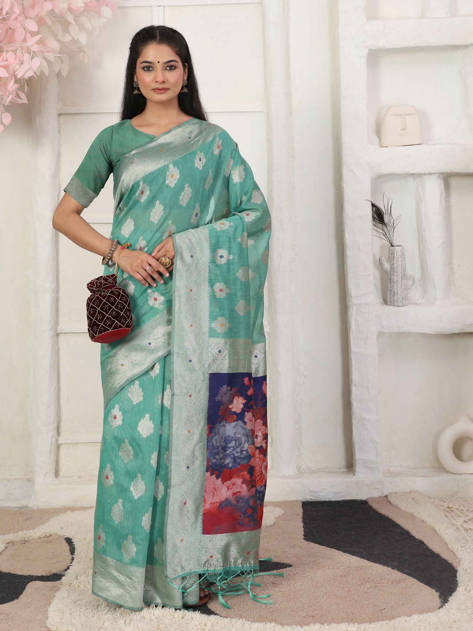 Shree Shyam Fashion Linen Cotton Rama Green Saree