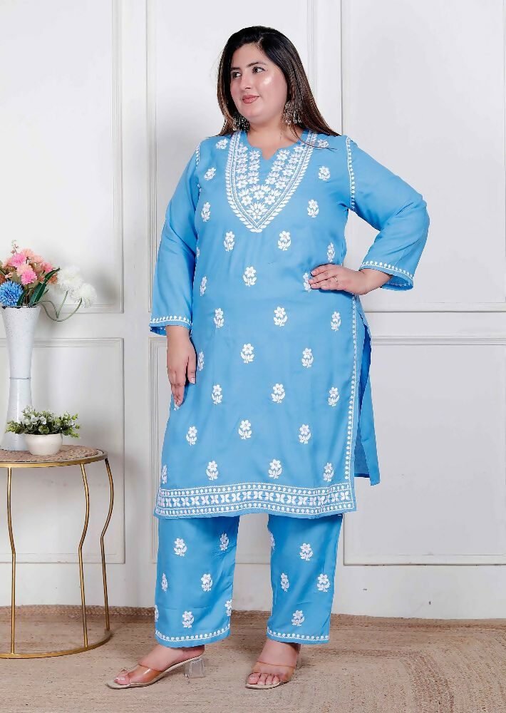 Miravan Womens Plus Size Blue Embroidered Kurta With Palazzo