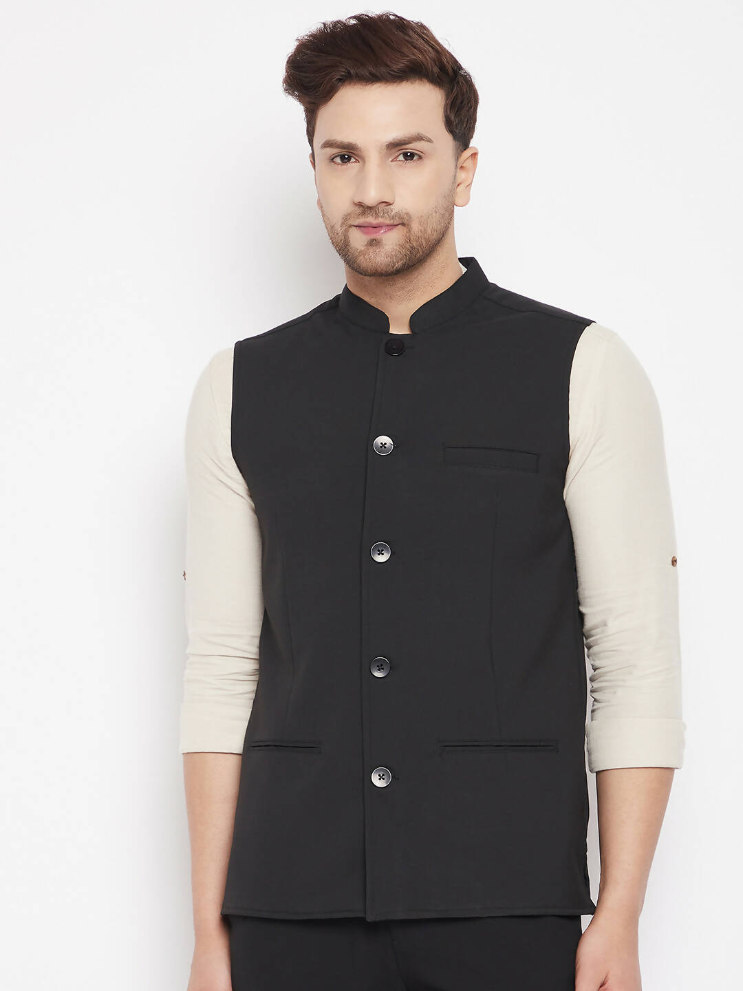 Even Apparels Black Merino Men Woven Nehru Jacket PW668 