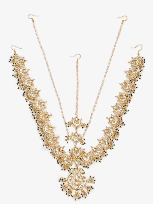 Gold-Plated White Kundan-Studded Beaded Maharani Matha Patti - Ruby Raang - Grab2buy