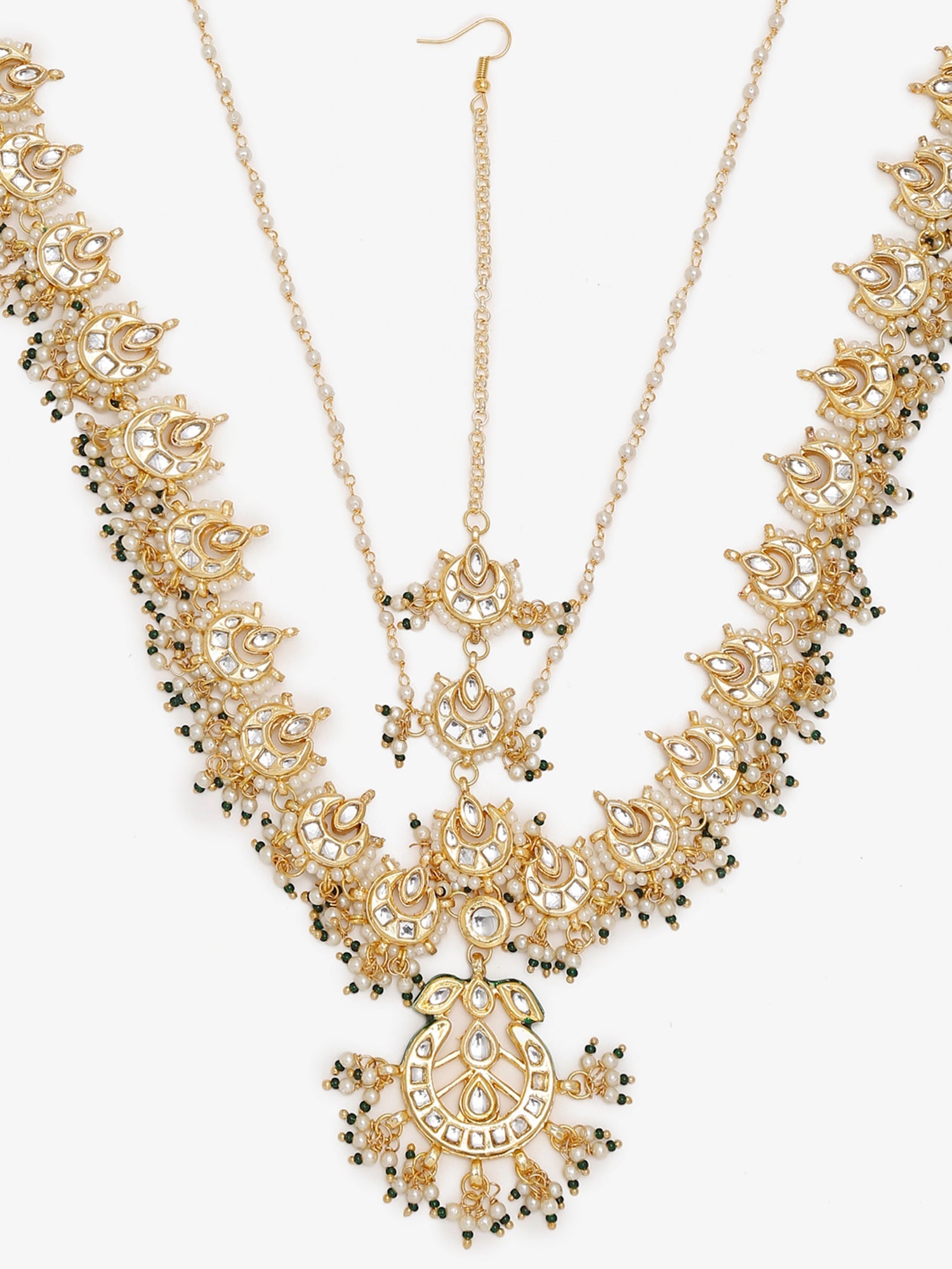 Gold-Plated White Kundan-Studded Beaded Maharani Matha Patti - Ruby Raang - Grab2buy