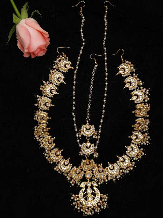 Gold-Plated White Kundan-Studded Beaded Maharani Matha Patti - Ruby Raang - Grab2buy