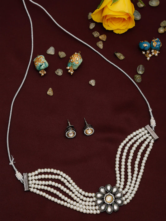 Silver-Plated Kundan Pearl Choker With Studs - Ruby Raang - Grab2buy