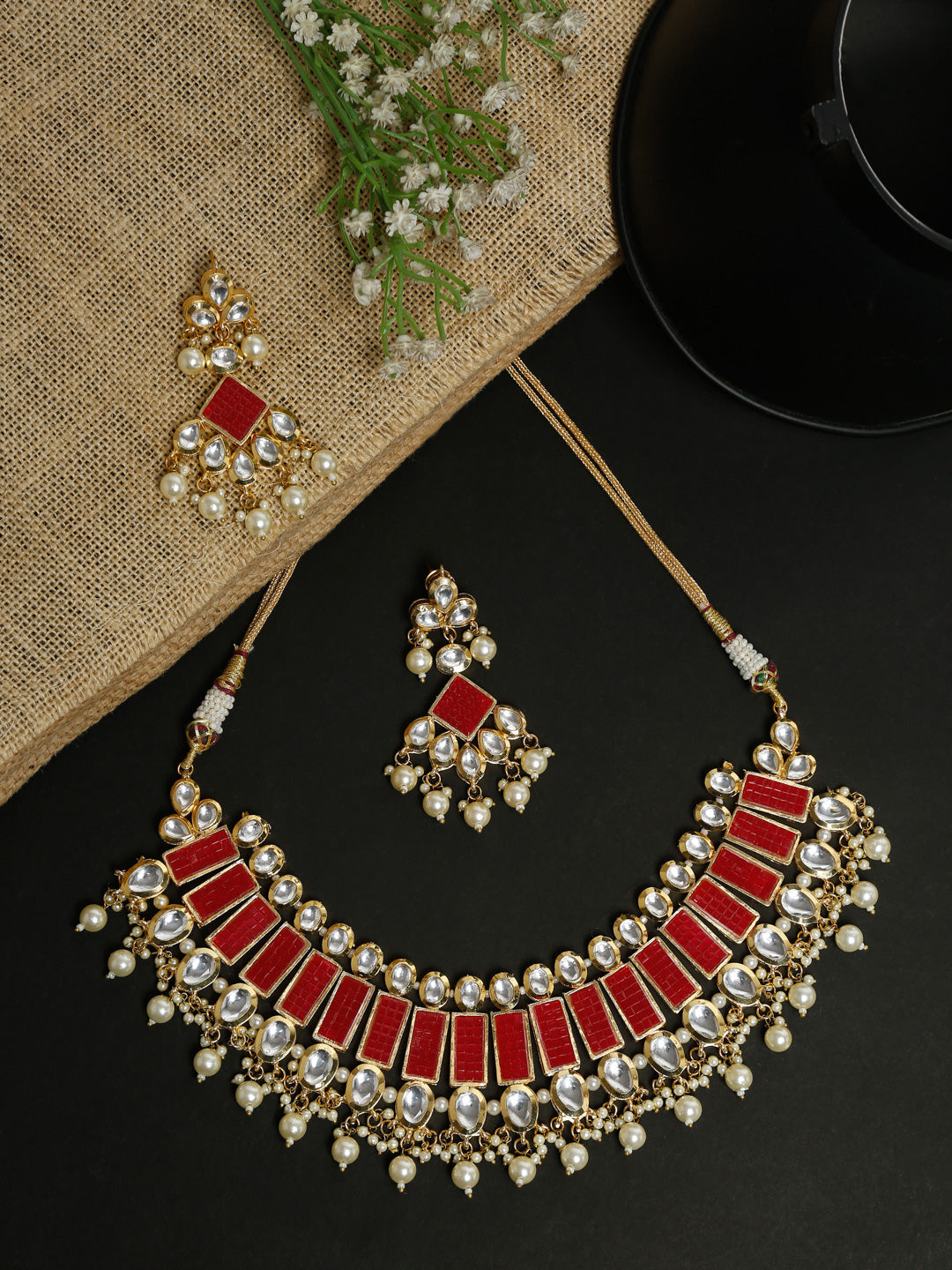 Long Kundan Neckpiece With Earrings - Ruby Raang - Grab2buy