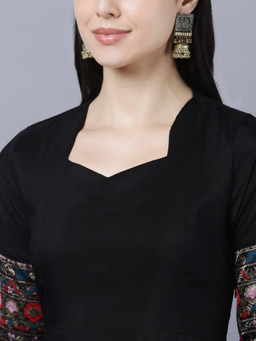 Myshka Women Black Embroidered Detail Anarkali Kurta With Dupatta
