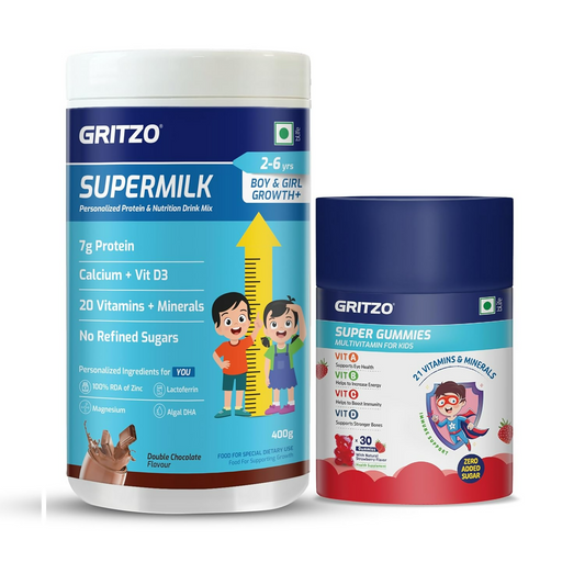 Gritzo SuperMilk Growth+ (Formerly Height+) (2-6y Boy & Girl) (Double Chocolate ) with Super Gummies (Strawberry)
