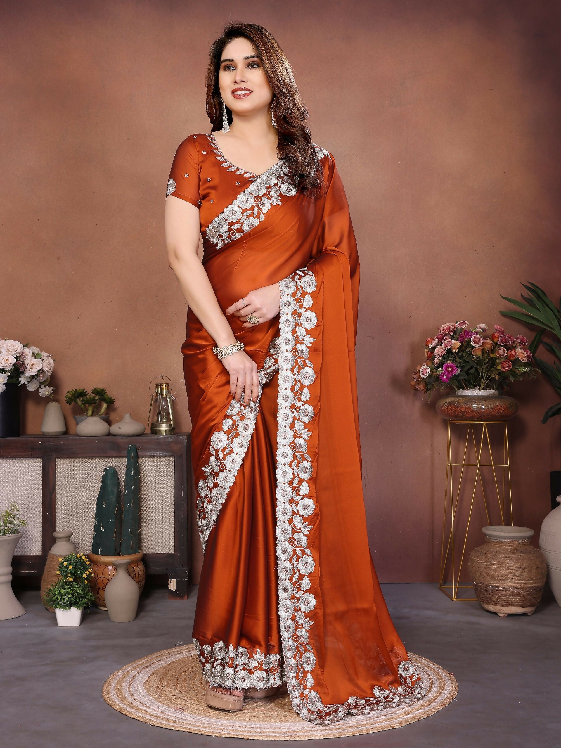Teeya Creation New Trendy Stylish Party Wear Silk Saree-Orange