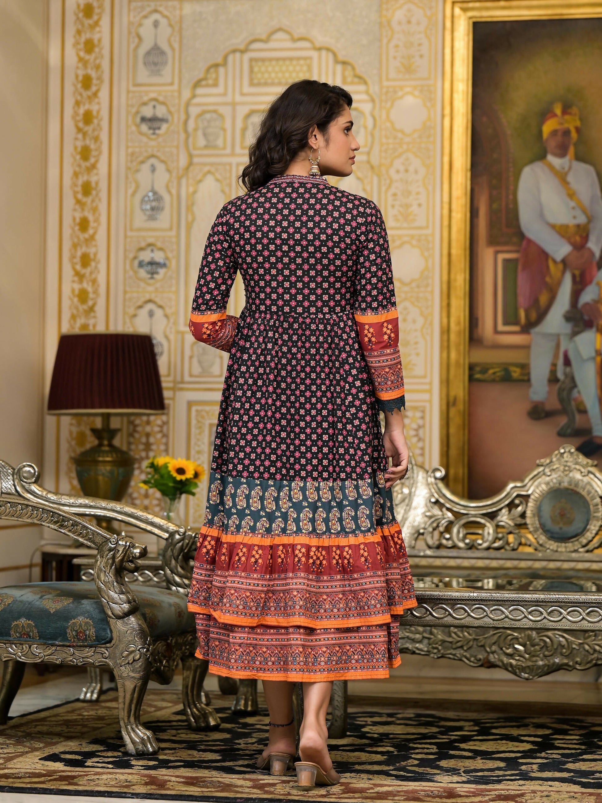 Juniper Women's Black Ethnic Motif Printed Cotton Dress With Coins Thread & Mirror Work