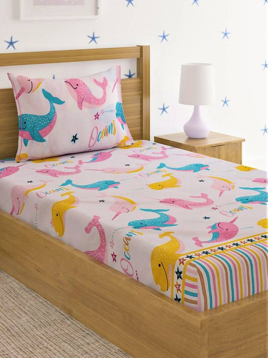 Home Sizzler Pink & Blue Cartoon 210 TC Cotton Bedsheet with Pillow Covers 