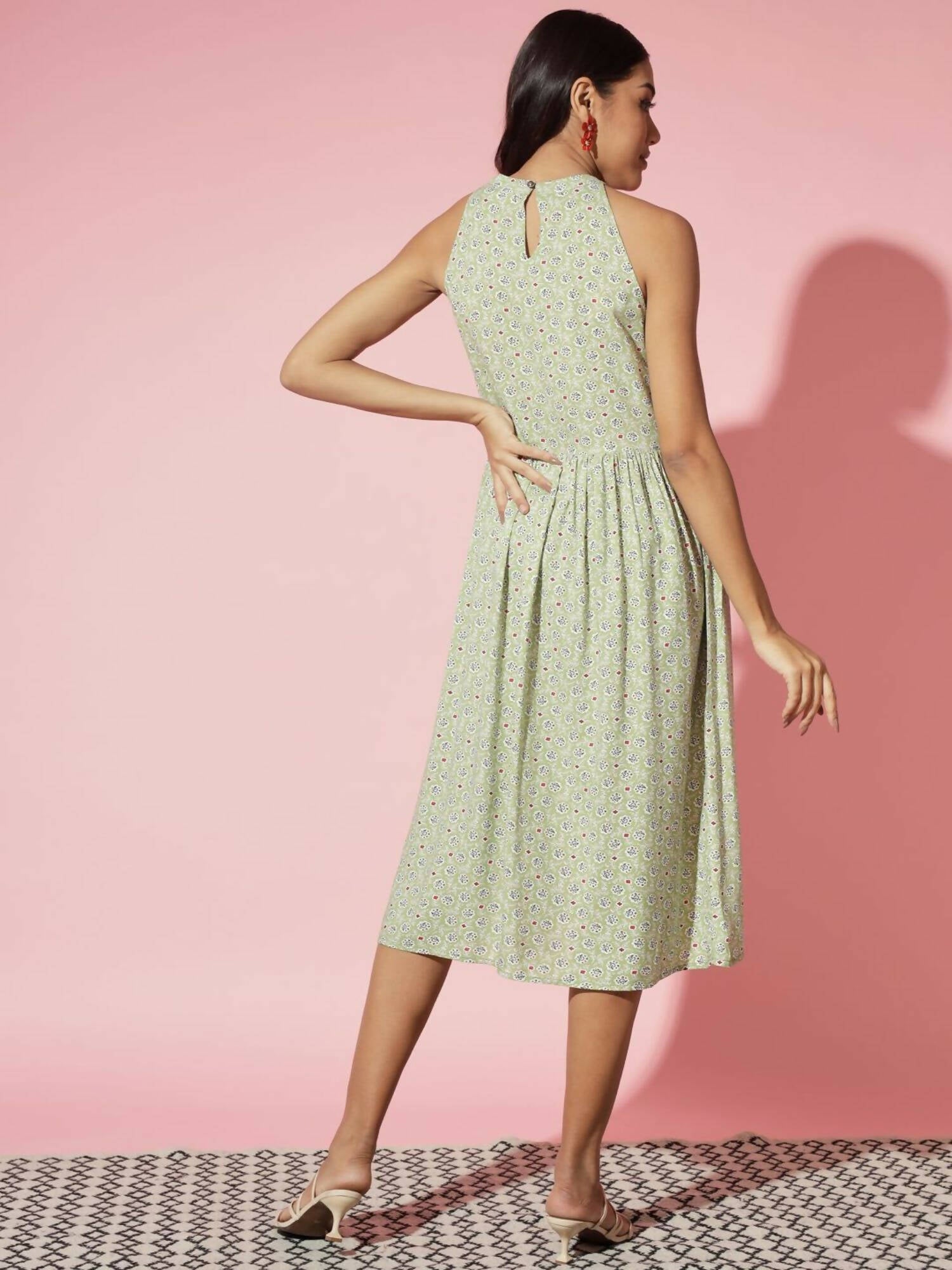 Myshka Women Ethnic Motifs Rayon A-Line Round Neck Green Dress