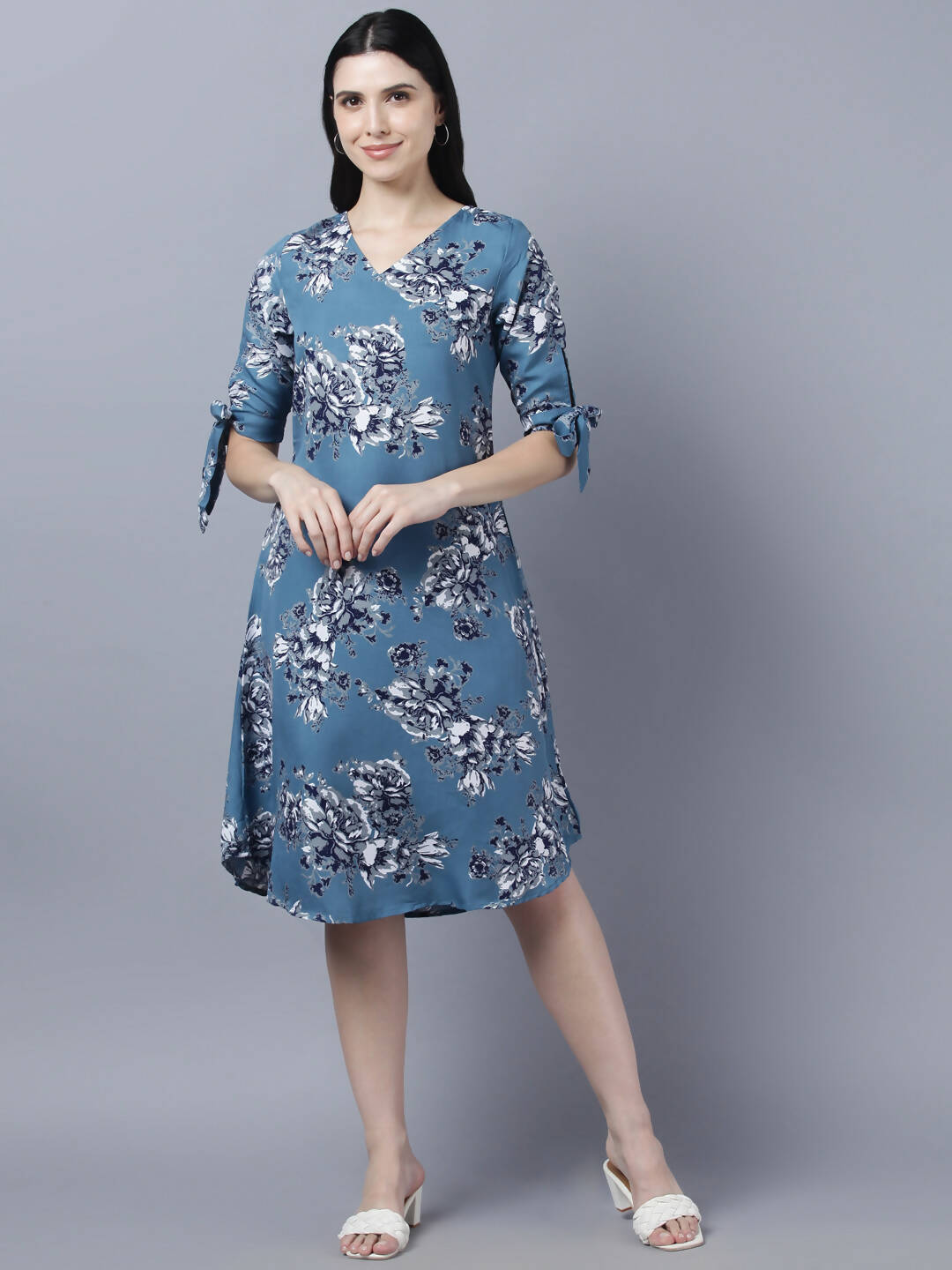 Myshka Women Teal Blue Grey Printed A-line Dress