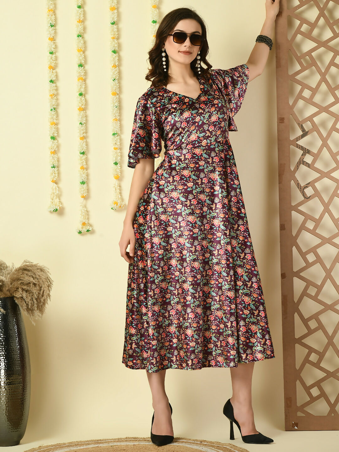 Myshka Women's Multi Printed Velvet Party Dress