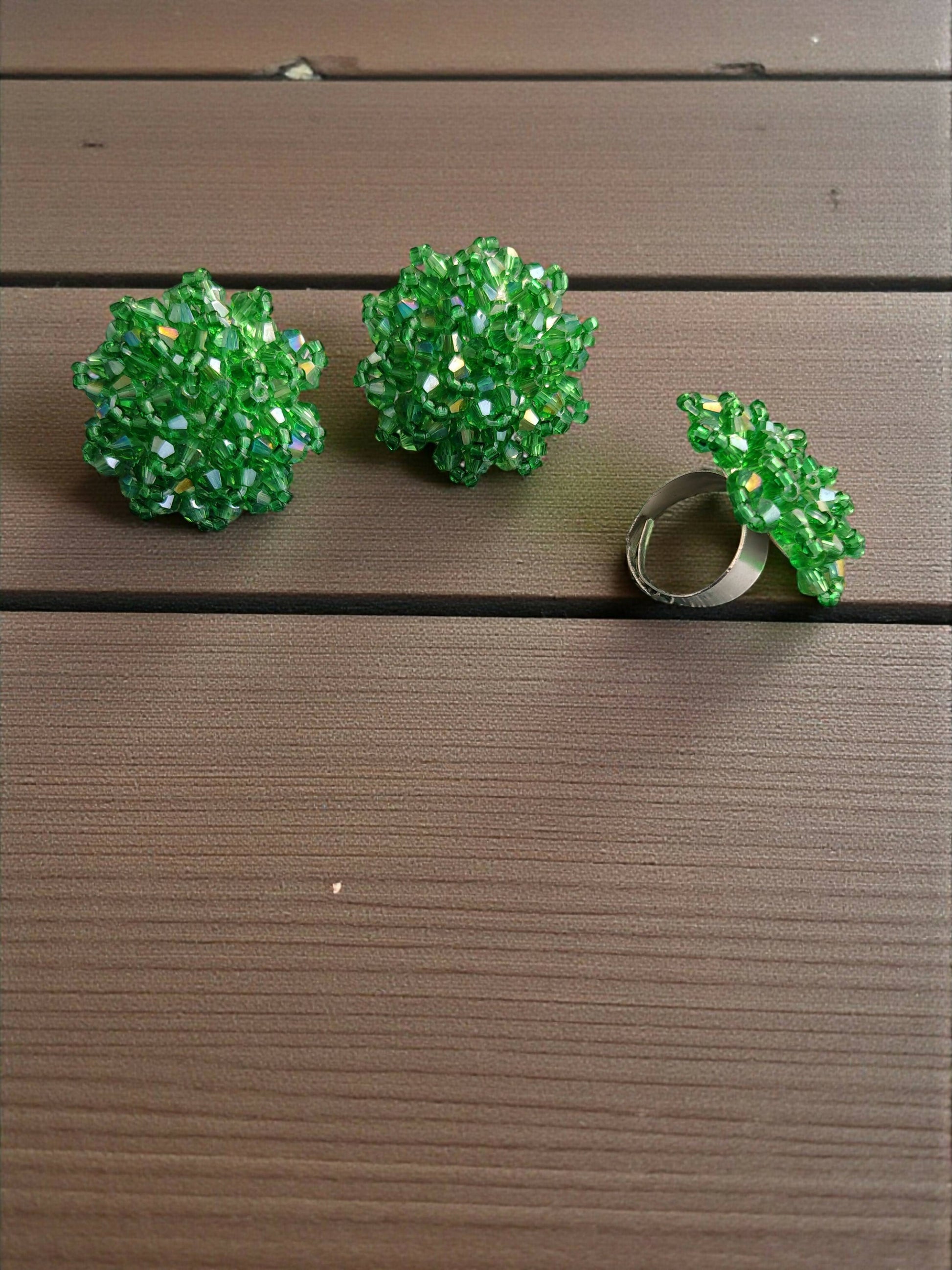 Inhanns Rangmani Crystal Duo – Adjustable Ring + Statement Earrings Set - Pista Green