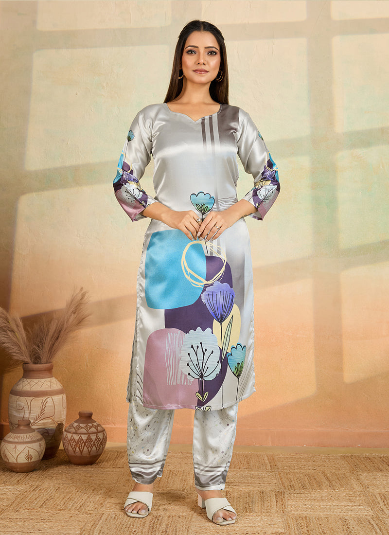 Prazu Fashion Light Grey Printed Cotton Reyon Kurta Pant Set