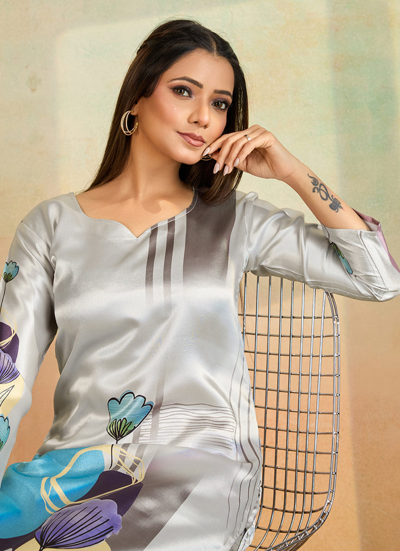 Prazu Fashion Light Grey Printed Cotton Reyon Kurta Pant Set