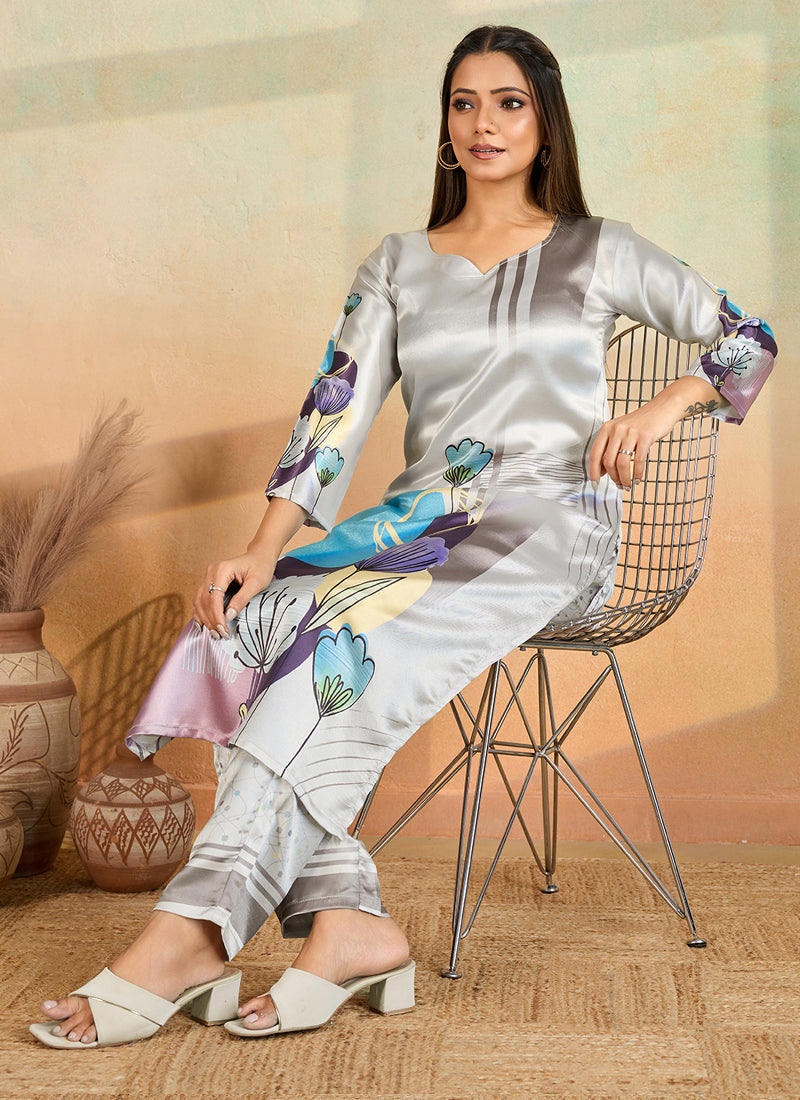 Prazu Fashion Light Grey Printed Cotton Reyon Kurta Pant Set