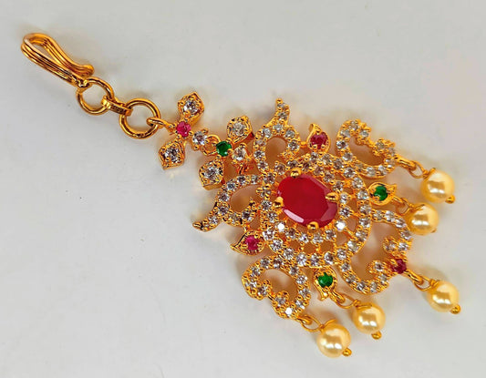 Multicolor AD Ruby Short Length Maang Tikka - Grab2buy