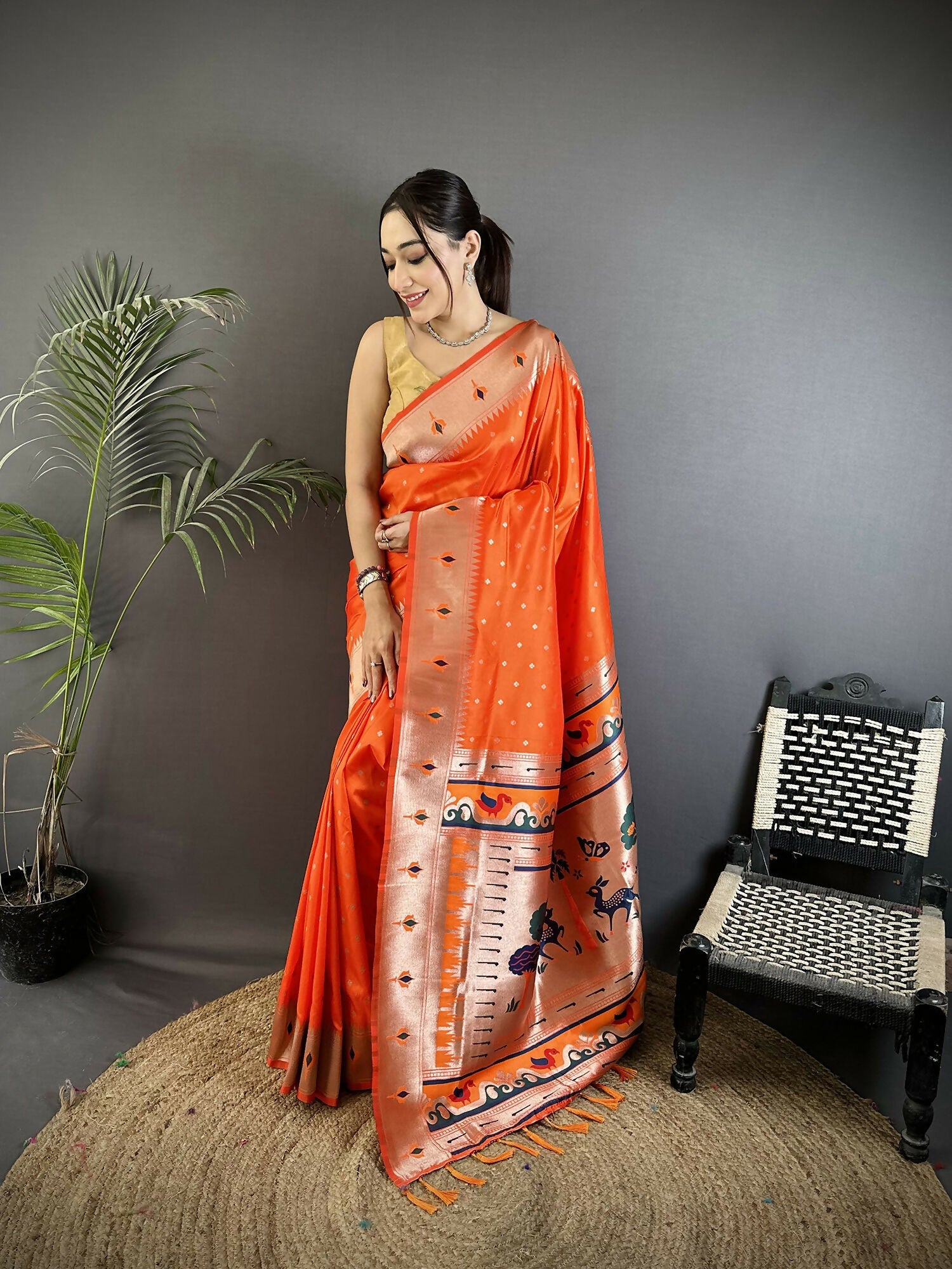Joban Fashion Orange Peacock & Floral Motifs Soft Lichi Silk Kanchipuram Saree