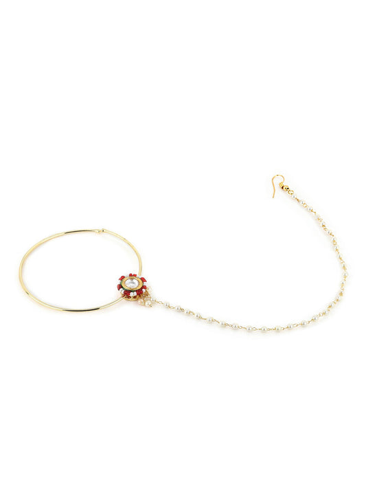 Gold-Pleated Red White Kundan Studded Beaded Chained Nosepin - Ruby Raang - Grab2buy