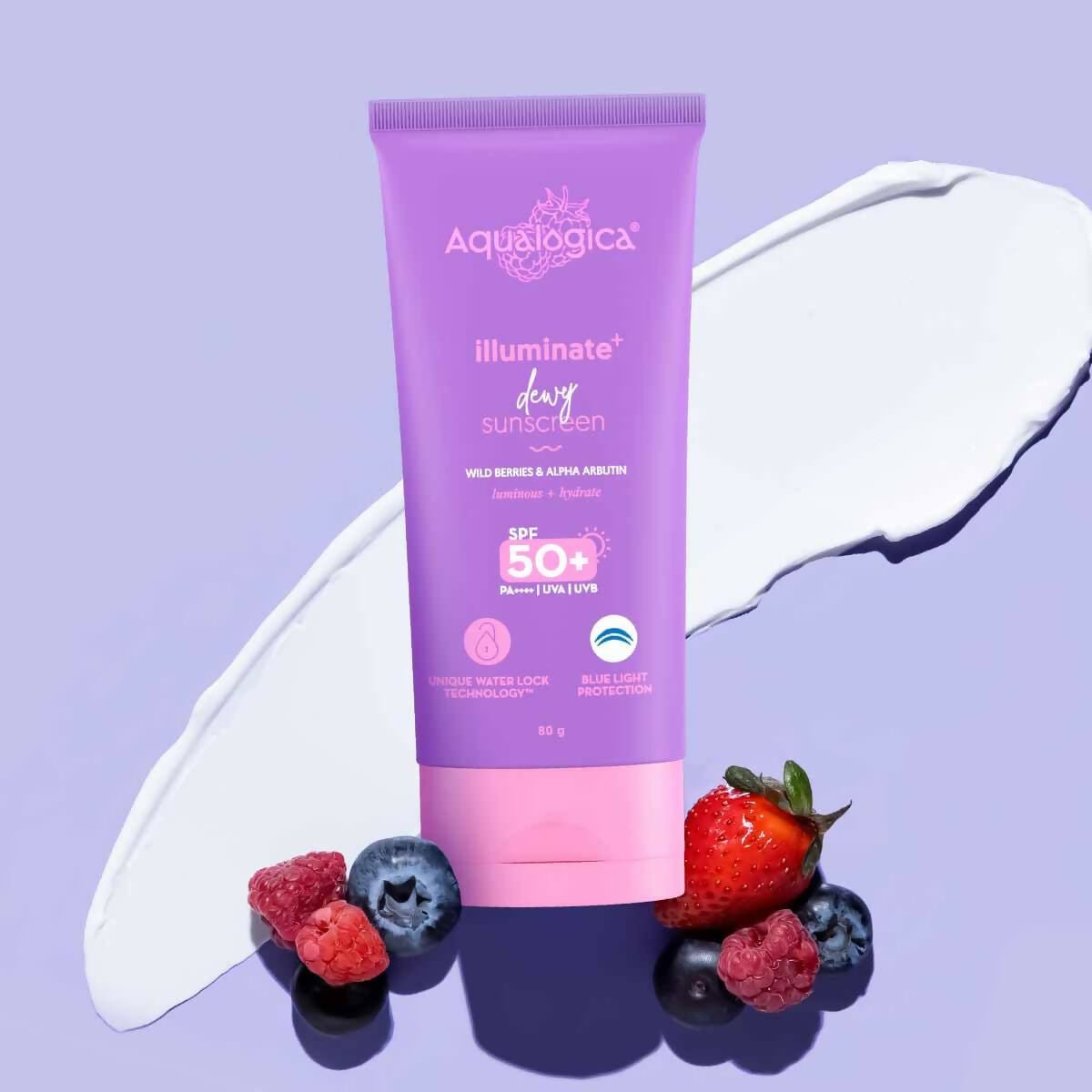 Aqualogica Illuminate+ Dewy Sunscreen SPF 50+ PA++++ with Wild Berries & Alpha Arbutin, Protection Against Uva/B & Blue Light Protection 