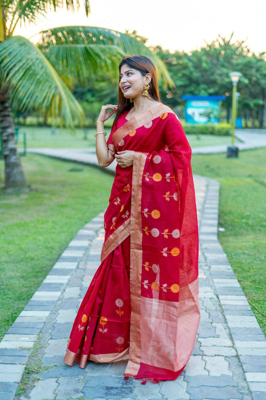 Aastha Fashion Red Woven Cotton Silk Saree with Blouse - Grab2buy