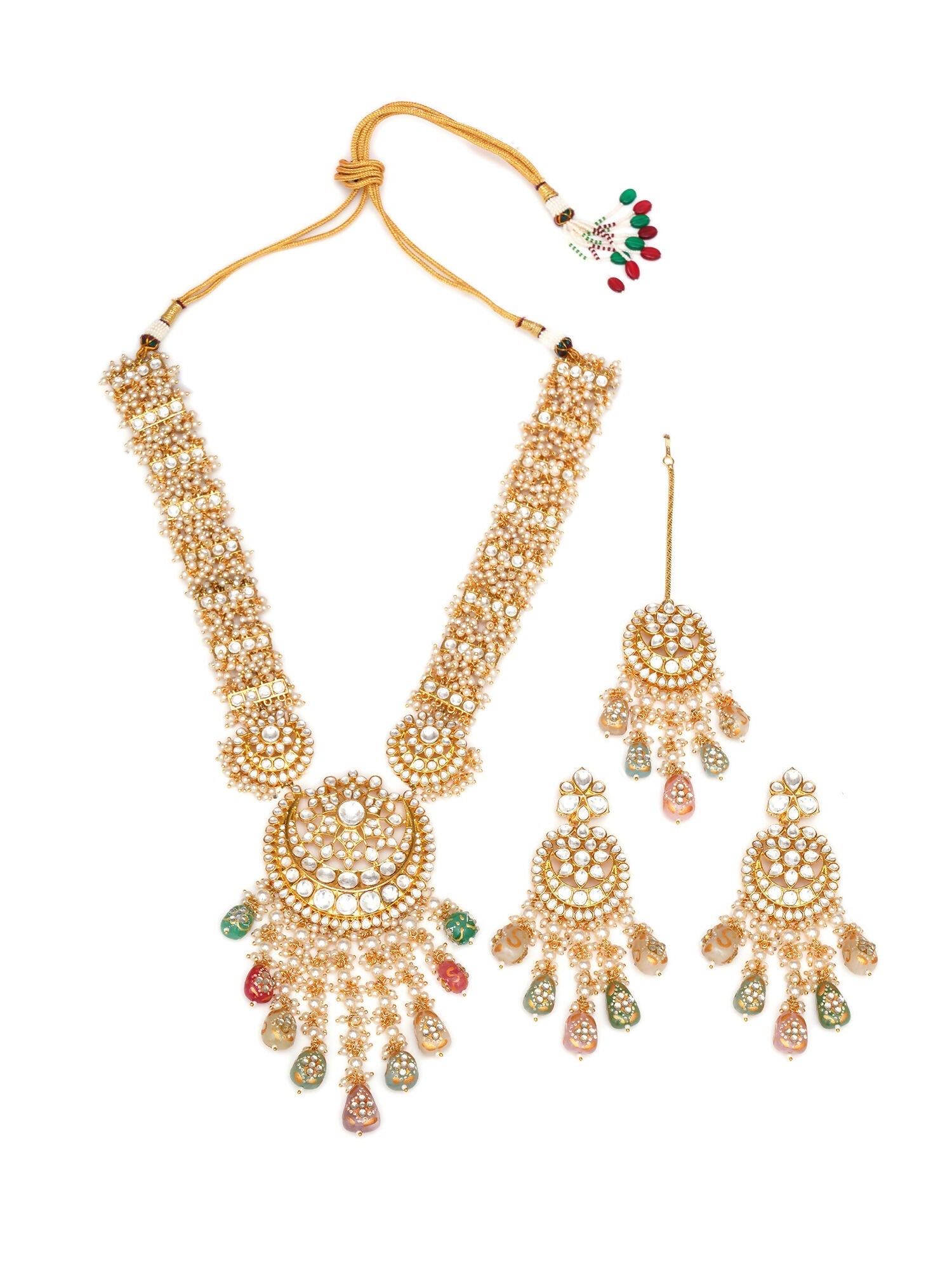 Long Kundan Neckpiece with Earrings & Maang Tikka with Multi Stones Jewellery Set (Gold) - Ruby Raang - Grab2buy