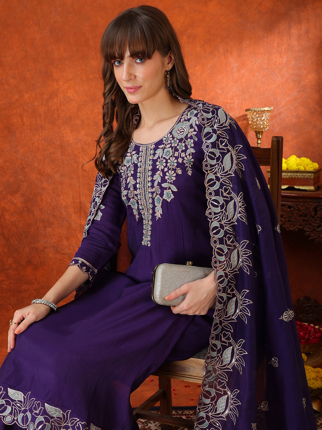 Hand Embroidered Kurta With Pant & Embroidered Dupatta, Purple - Hiral Fashion