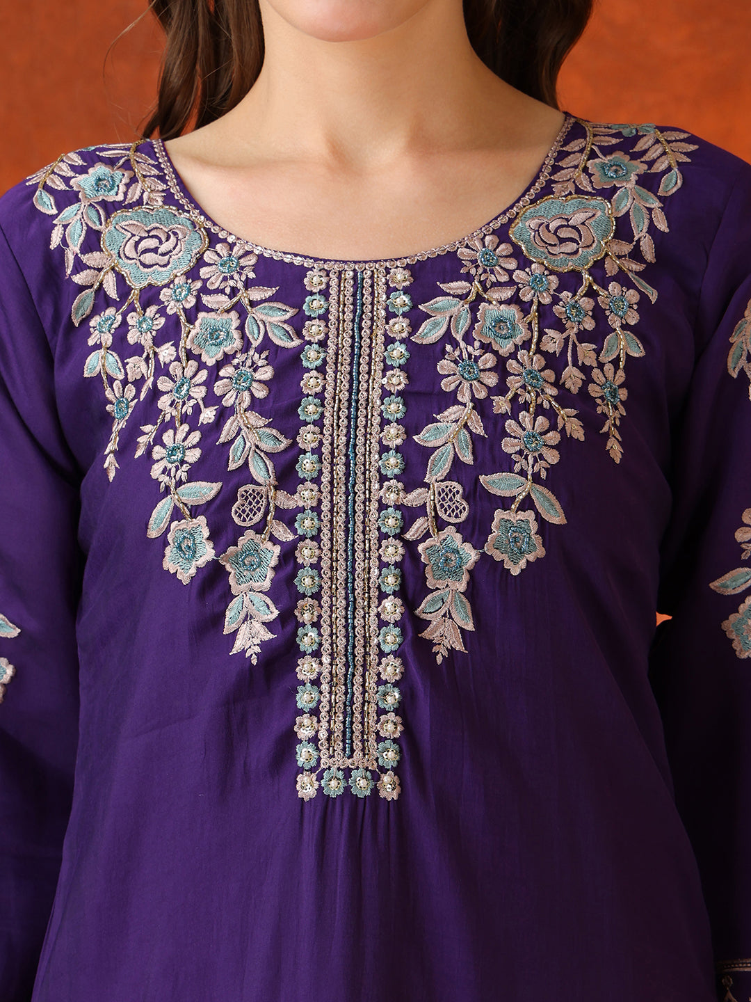 Hand Embroidered Kurta With Pant & Embroidered Dupatta, Purple - Hiral Fashion