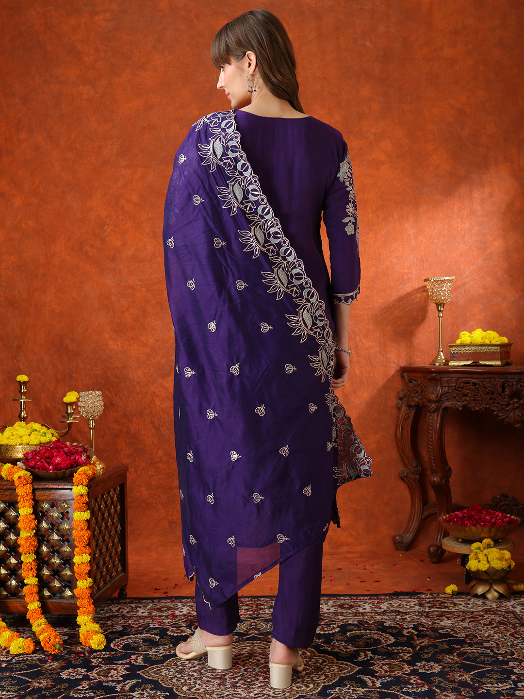 Hand Embroidered Kurta With Pant & Embroidered Dupatta, Purple - Hiral Fashion