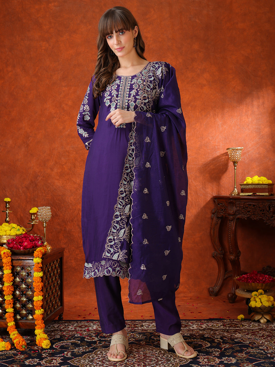 Hand Embroidered Kurta With Pant & Embroidered Dupatta, Purple - Hiral Fashion